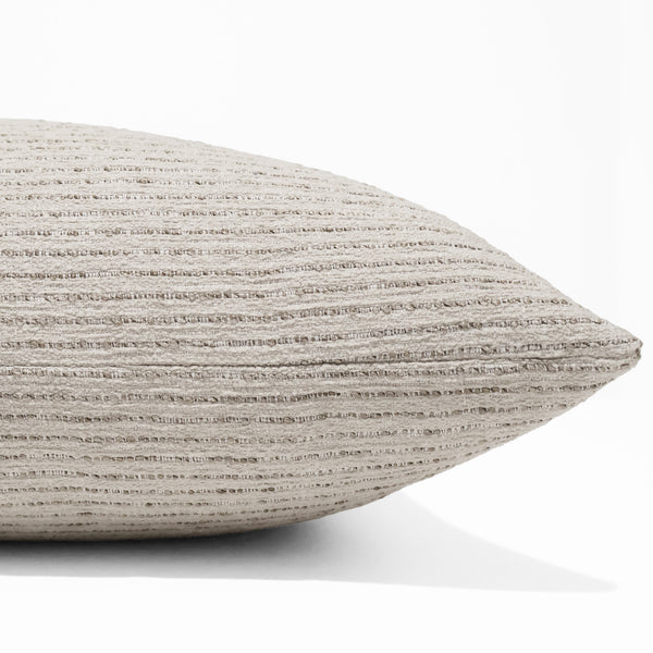 Oatfield Stripe Indoor/Outdoor Pillow Cover crafted from textured woven performance fabric with subtle ivory and flax stripes for coastal, modern organic, and luxury interiors. Side View of Cushion Cover