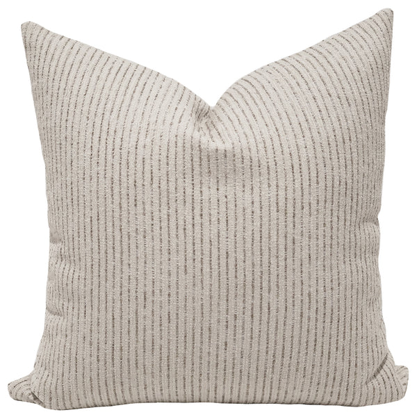 Oatfield Stripe Indoor/Outdoor Pillow Cover crafted from textured woven performance fabric with subtle ivory and flax stripes for coastal, modern organic, and luxury interiors.