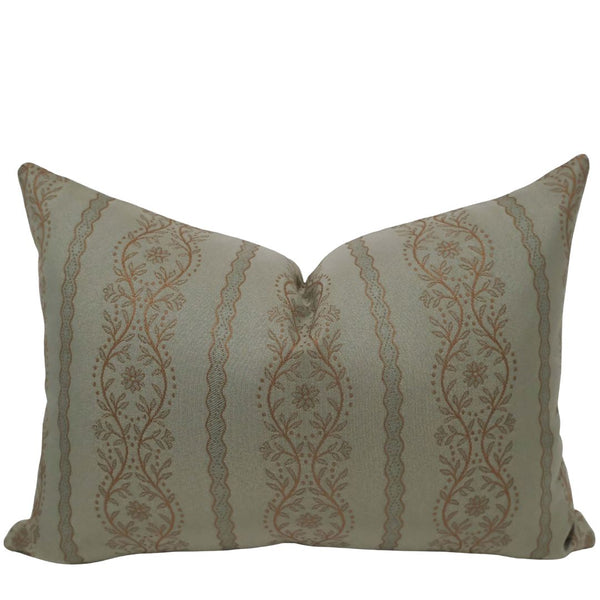 Margaux Floral Stripe Green Pillow Cover - lumbar size, woven jacquard floral stripe fabric in sage and copper, indoor decorative pillow