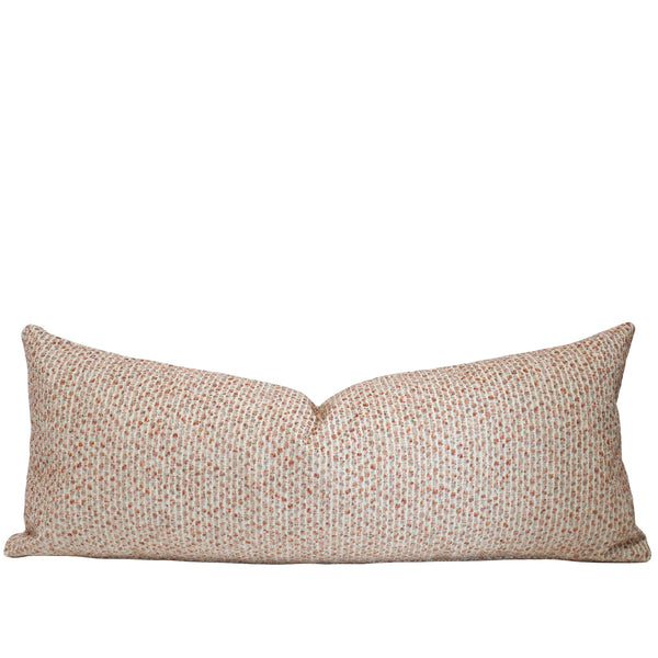 Plush Pebble decorative lumbar pillow cover featuring a soft textured woven fabric in blush, ivory, and oatmeal tones with a boucle-inspired finish, handcrafted luxury accent pillow for modern, coastal, transitional, and contemporary interiors.