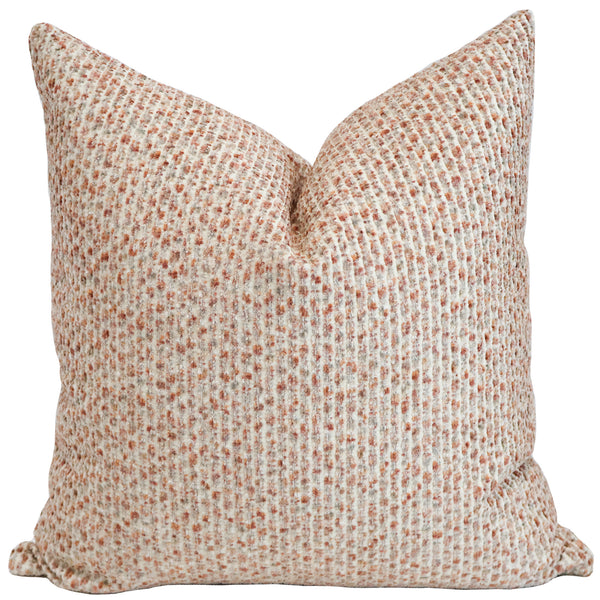 Plush Pebble decorative pillow cover featuring a soft textured woven fabric in blush, ivory, and oatmeal tones with a boucle-inspired finish, handcrafted luxury accent pillow for modern, coastal, transitional, and contemporary interiors.