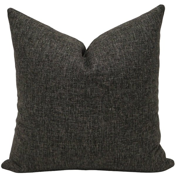 Raven Weave Pillow Cover in rich charcoal-black textured performance upholstery fabric with a woven linen appearance, handcrafted by Hackner Home for luxury modern organic and contemporary interiors.