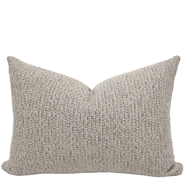 River Pebbles Indoor/Outdoor Lumbar Pillow Cover in textured woven performance fabric featuring warm ivory, taupe, and charcoal tones, luxury decorative throw pillow cover handmade by Hackner Home for coastal, organic modern, transitional, and outdoor living spaces.