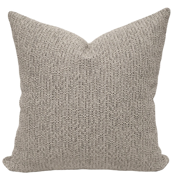 River Pebbles Indoor/Outdoor Pillow Cover in textured woven performance fabric featuring warm ivory, taupe, and charcoal tones, luxury decorative throw pillow cover handmade by Hackner Home for coastal, organic modern, transitional, and outdoor living spaces.