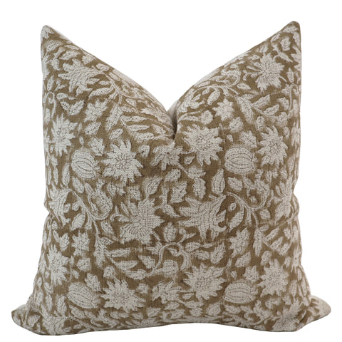 Rose Bud Brown Block Print Pillow Cover