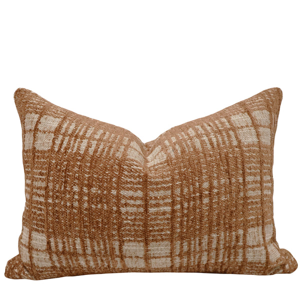 Rust Plaid Pillow Cover - lumbar size, chunky woven textured plaid fabric in rust and cream, indoor decorative pillow.