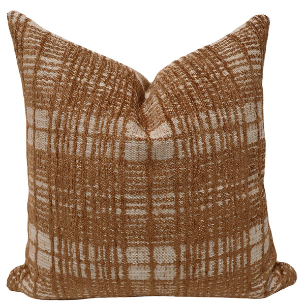 Rust Plaid Pillow Cover - square size, chunky woven textured plaid fabric in rust and cream, indoor decorative pillow
