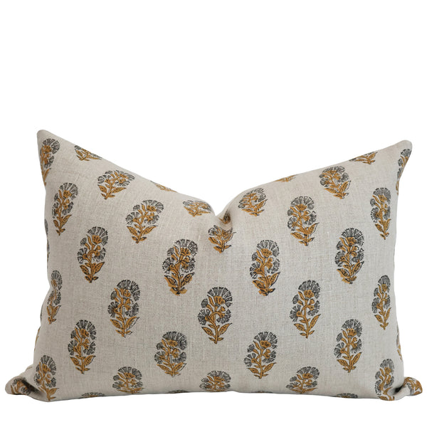 Saffron Garden Block Print Lumbar Pillow Cover featuring hand block printed saffron gold and charcoal floral motifs on natural 100% linen, handmade by Hackner Home.