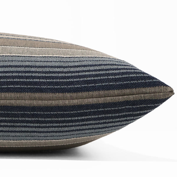 Sailcloth Stripe decorative pillow cover in navy blue, slate blue and taupe woven upholstery fabric handmade by Hackner Home. Side view of cushion cover.
