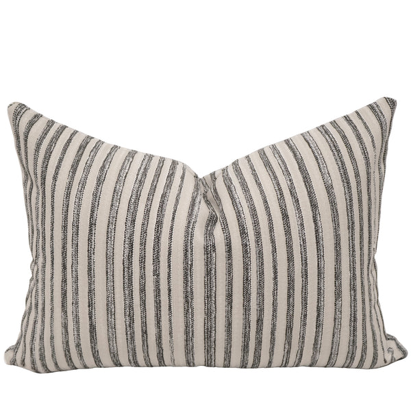 Salt Meadow Stripe Indoor/Outdoor Lumbar Pillow Cover in ivory and charcoal striped indoor/outdoor performance upholstery fabric, handmade by Hackner Home for luxury coastal and modern home décor.