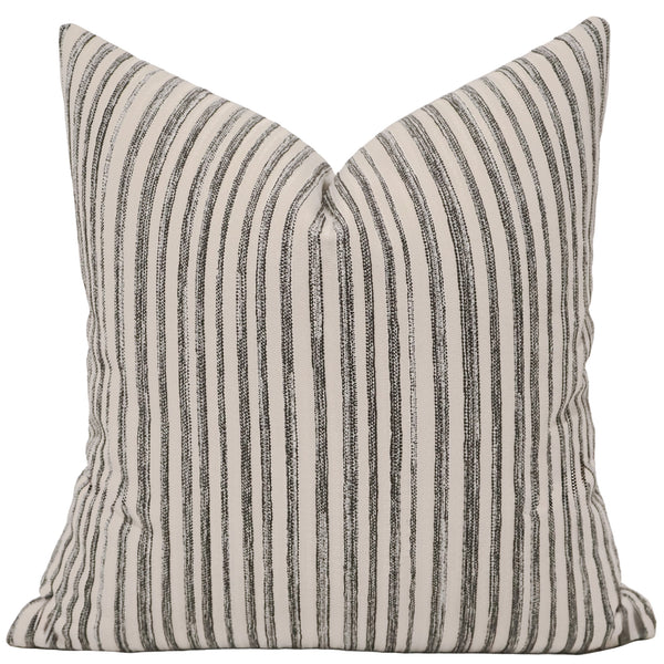 Salt Meadow Stripe Indoor/Outdoor Pillow Cover in ivory and charcoal striped indoor/outdoor performance upholstery fabric, handmade by Hackner Home for luxury coastal and modern home décor.