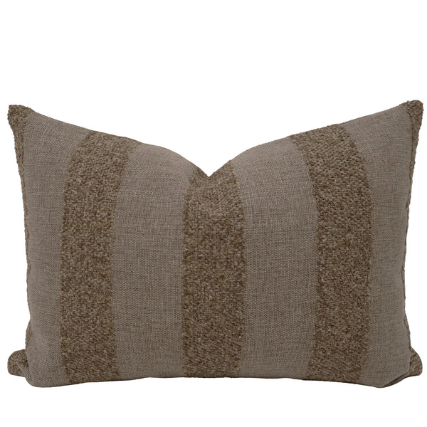 Sandbar Stripe Indoor/Outdoor Lumbar Pillow Cover featuring woven sand and taupe textured stripes on performance fabric for coastal, modern organic, and luxury interiors.