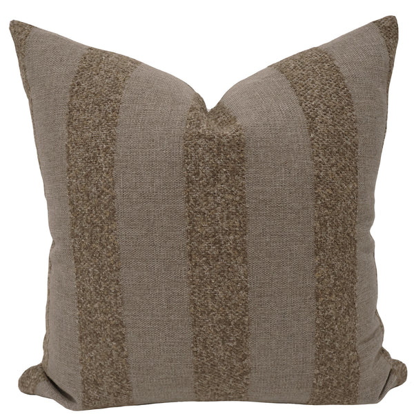 Sandbar Stripe Indoor/Outdoor Pillow Cover featuring woven sand and taupe textured stripes on performance fabric for coastal, modern organic, and luxury interiors.