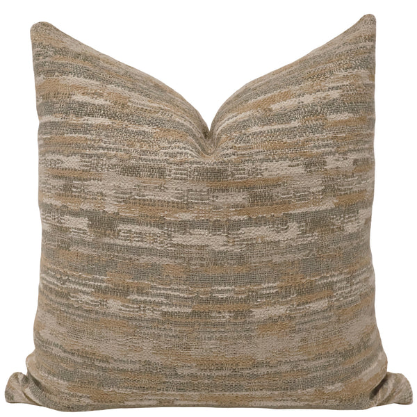 Sedona Weave decorative pillow cover in textured woven upholstery fabric with warm ivory, sand, taupe, and gray tones, luxury handmade throw pillow cover by Hackner Home for coastal, organic modern, rustic, and transitional home décor.