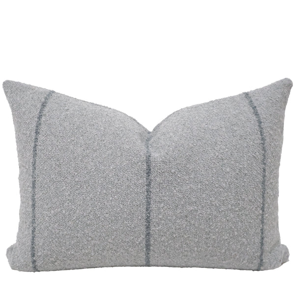 Shoreline Stripe Indoor/Outdoor Lumbar Pillow Cover in woven mist-gray performance fabric featuring subtle charcoal stripes and textured designer styling for coastal and luxury spaces.