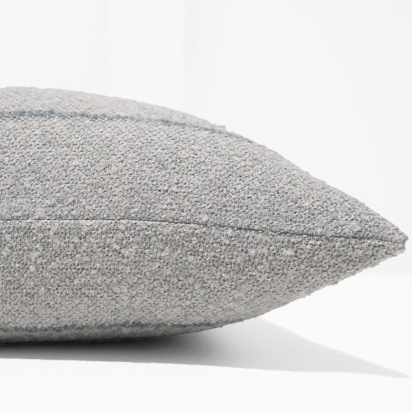 Shoreline Stripe Indoor/Outdoor Pillow Cover in woven mist-gray performance fabric featuring subtle charcoal stripes and textured designer styling for coastal and luxury spaces. Side View