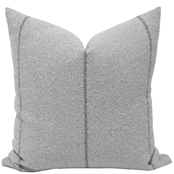 Shoreline Stripe Indoor/Outdoor Pillow Cover in woven mist-gray performance fabric featuring subtle charcoal stripes and textured designer styling for coastal and luxury spaces.