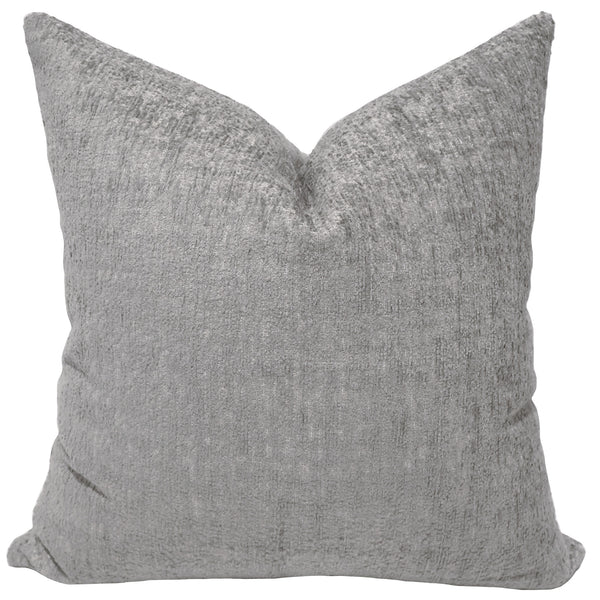 Sloane Chenille Pillow Cover in grey - full front view, textured cotton-polyester velvet weave, square decorative pillow cover