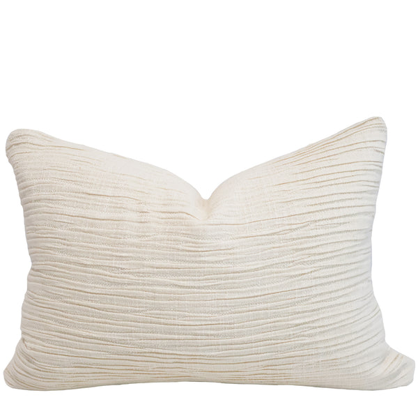 Softly Gathered ivory textured lumbar pillow cover featuring elegant horizontal pleated upholstery fabric, handmade by Hackner Home for luxury modern home décor.