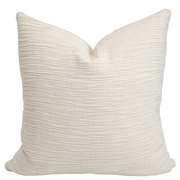 Softly Gathered ivory textured pillow cover featuring elegant horizontal pleated upholstery fabric, handmade by Hackner Home for luxury modern home décor.