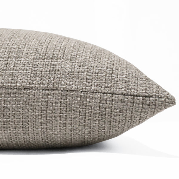 Stonewash Weave Pillow Cover in textured taupe and oatmeal indoor performance upholstery fabric with a richly woven designer finish, handmade by Hackner Home. Side view of Cushion Cover