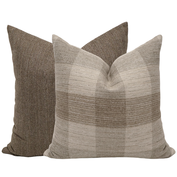The Gentleman's Edit luxury pillow cover set of two featuring Brown Jumper herringbone and Camden Plaid in warm brown, tan, and cream. Handmade designer pillows by HACKNER HOME.