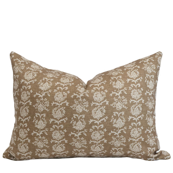 Thistle Meadow Linen Lumbar Pillow Cover featuring hand block printed ivory floral motifs on warm oat-brown 100% linen, handmade by Hackner Home.