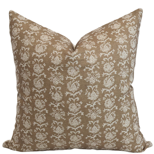 Thistle Meadow Linen Pillow Cover featuring hand block printed ivory floral motifs on warm oat-brown 100% linen, handmade by Hackner Home.