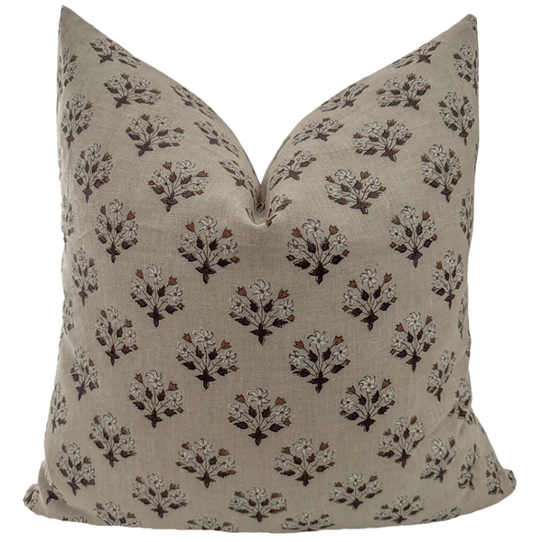 Three Flowers | Brown Block Print Pillow Cover