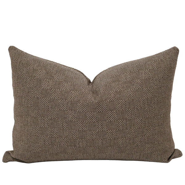Timber Weave decorative lumbar pillow cover handcrafted from premium indoor performance upholstery fabric featuring a rich geometric herringbone-inspired woven texture in warm earthy brown, luxury designer accent pillow for organic modern, transitional, rustic, and contemporary interiors.