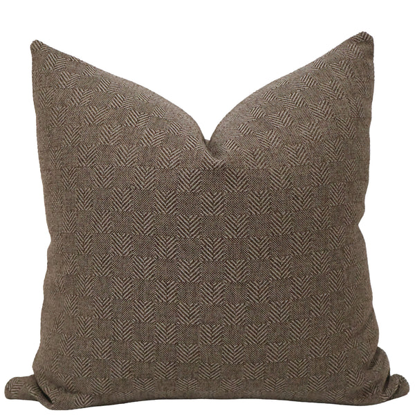 Timber Weave decorative pillow cover handcrafted from premium indoor performance upholstery fabric featuring a rich geometric herringbone-inspired woven texture in warm earthy brown, luxury designer accent pillow for organic modern, transitional, rustic, and contemporary interiors.
