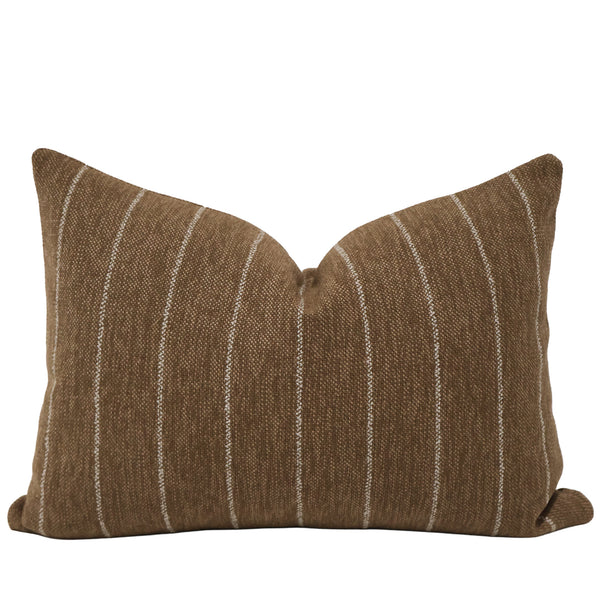 Tobacco Mill Lumbar Pillow Cover featuring woven tobacco brown performance fabric with refined ivory pinstripes for modern organic, rustic luxury, and transitional interiors.