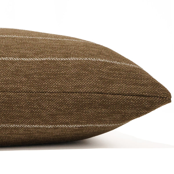 Tobacco Mill Pillow Cover featuring woven tobacco brown performance fabric with refined ivory pinstripes for modern organic, rustic luxury, and transitional interiors. Side view of Cushion