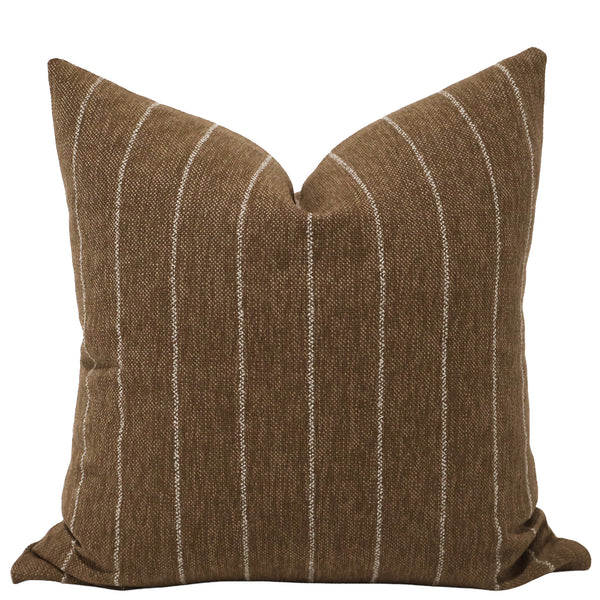 Tobacco Mill Pillow Cover featuring woven tobacco brown performance fabric with refined ivory pinstripes for modern organic, rustic luxury, and transitional interiors.