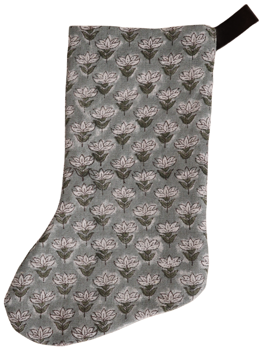 Muted Blue Floral Block Print Boho Christmas Stocking