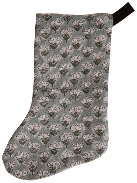 Muted Blue Floral Block Print Boho Christmas Stocking