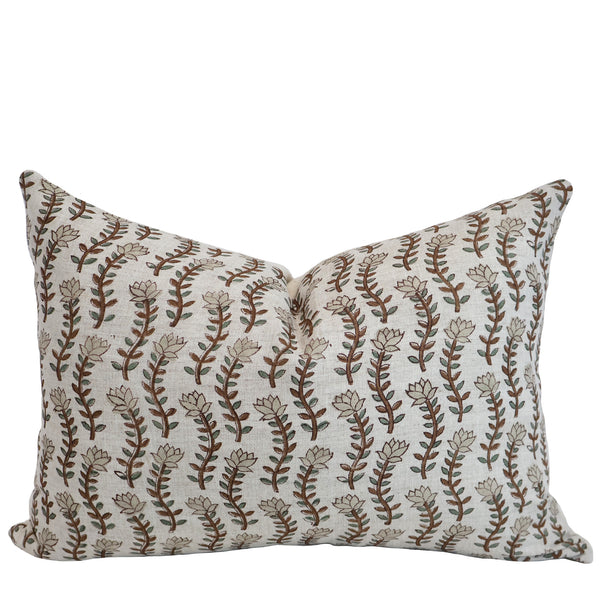 Willow Stem Linen Lumbar Pillow Cover featuring hand block printed brown stems, sage green leaves, and ivory floral motifs on natural 100% linen, handmade by Hackner Home.