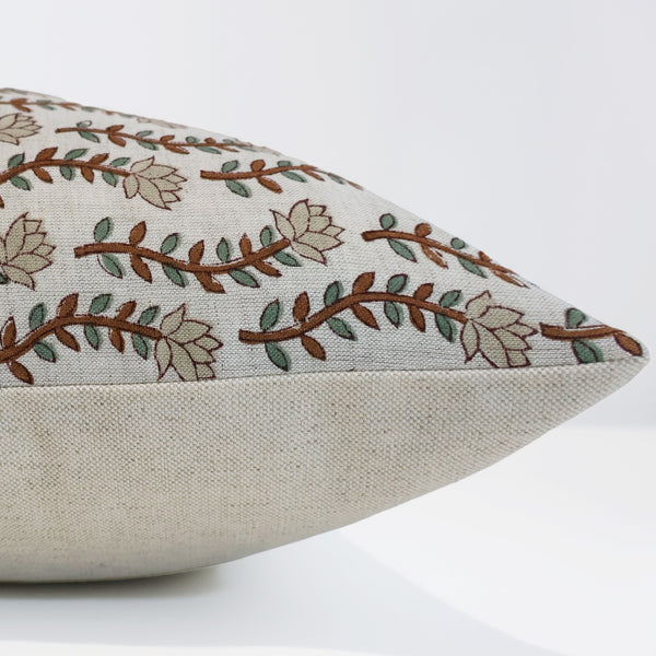 Willow Stem Linen Pillow Cover featuring hand block printed brown stems, sage green leaves, and ivory floral motifs on natural 100% linen, handmade by Hackner Home. Side View of cushion cover.