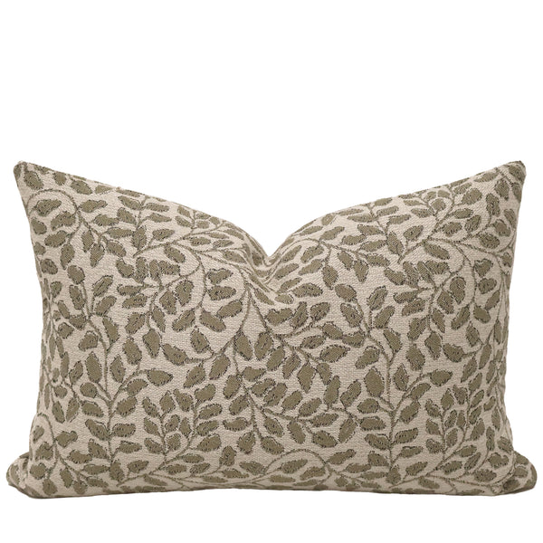 Willow Vine Sage Lumbar Pillow Cover featuring a woven sage green botanical vine pattern on ivory performance fabric for luxury, cottage, and modern organic interiors.