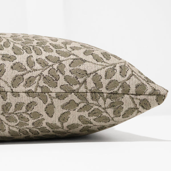 Willow Vine Sage Pillow Cover featuring a woven sage green botanical vine pattern on ivory performance fabric for luxury, cottage, and modern organic interiors. Side View of Pillow Cover