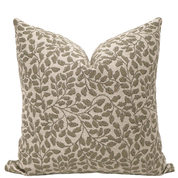 Willow Vine Sage Pillow Cover featuring a woven sage green botanical vine pattern on ivory performance fabric for luxury, cottage, and modern organic interiors.