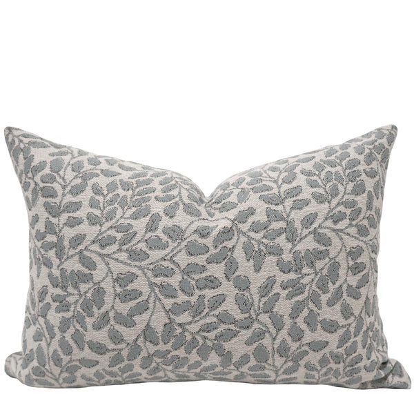 Willow Vine Sky Lumbar Pillow Cover featuring a woven sky blue botanical vine pattern on ivory stain-resistant performance fabric for coastal, luxury, and transitional interiors.