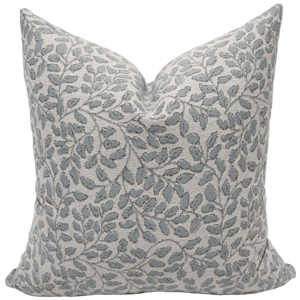 Willow Vine Sky Pillow Cover featuring a woven sky blue botanical vine pattern on ivory stain-resistant performance fabric for coastal, luxury, and transitional interiors.