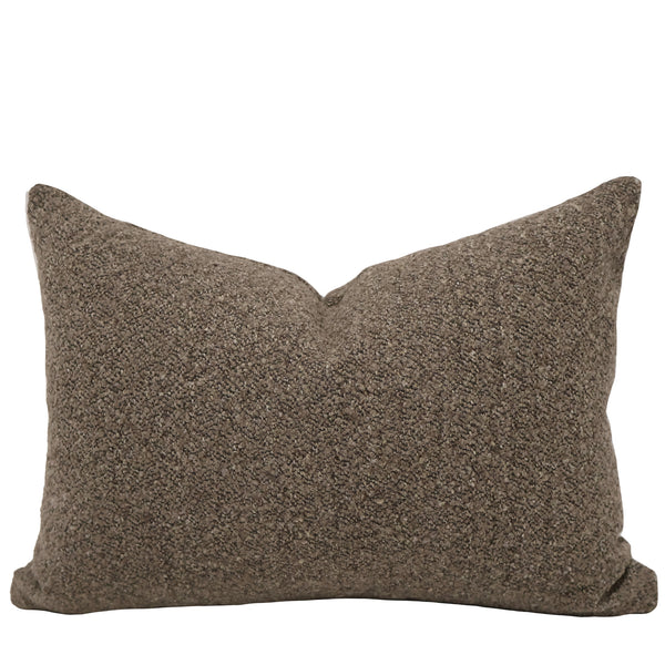 Woodland Bouclé decorative lumbar pillow cover in warm mushroom brown textured performance upholstery fabric, handmade in North Carolina by Hackner Home