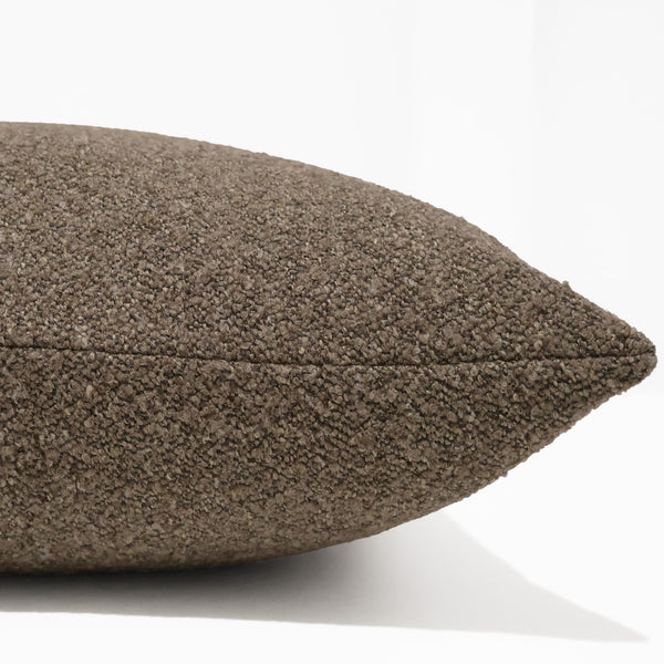 Woodland Bouclé decorative pillow cover in warm mushroom brown textured performance upholstery fabric, handmade in North Carolina by Hackner Home. Side view of cushion cover. 