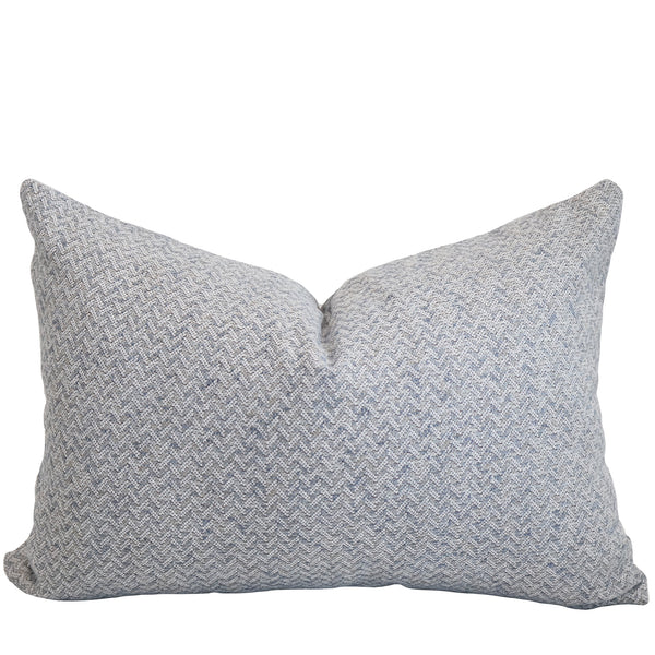 Woven Sea decorative lumbar pillow cover handcrafted from a premium cotton and polyester upholstery fabric featuring a soft woven herringbone texture in misty blue and ivory, luxury accent pillow for coastal, transitional, Scandinavian, and modern interiors.