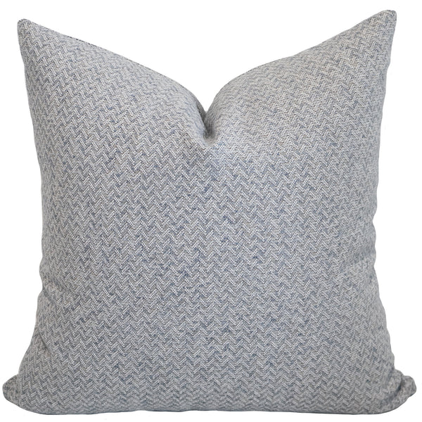 Woven Sea decorative pillow cover handcrafted from a premium cotton and polyester upholstery fabric featuring a soft woven herringbone texture in misty blue and ivory, luxury accent pillow for coastal, transitional, Scandinavian, and modern interiors.