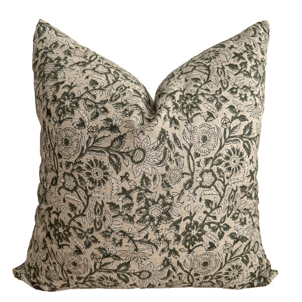 Yule Green Floral Block Print Pillow Cover