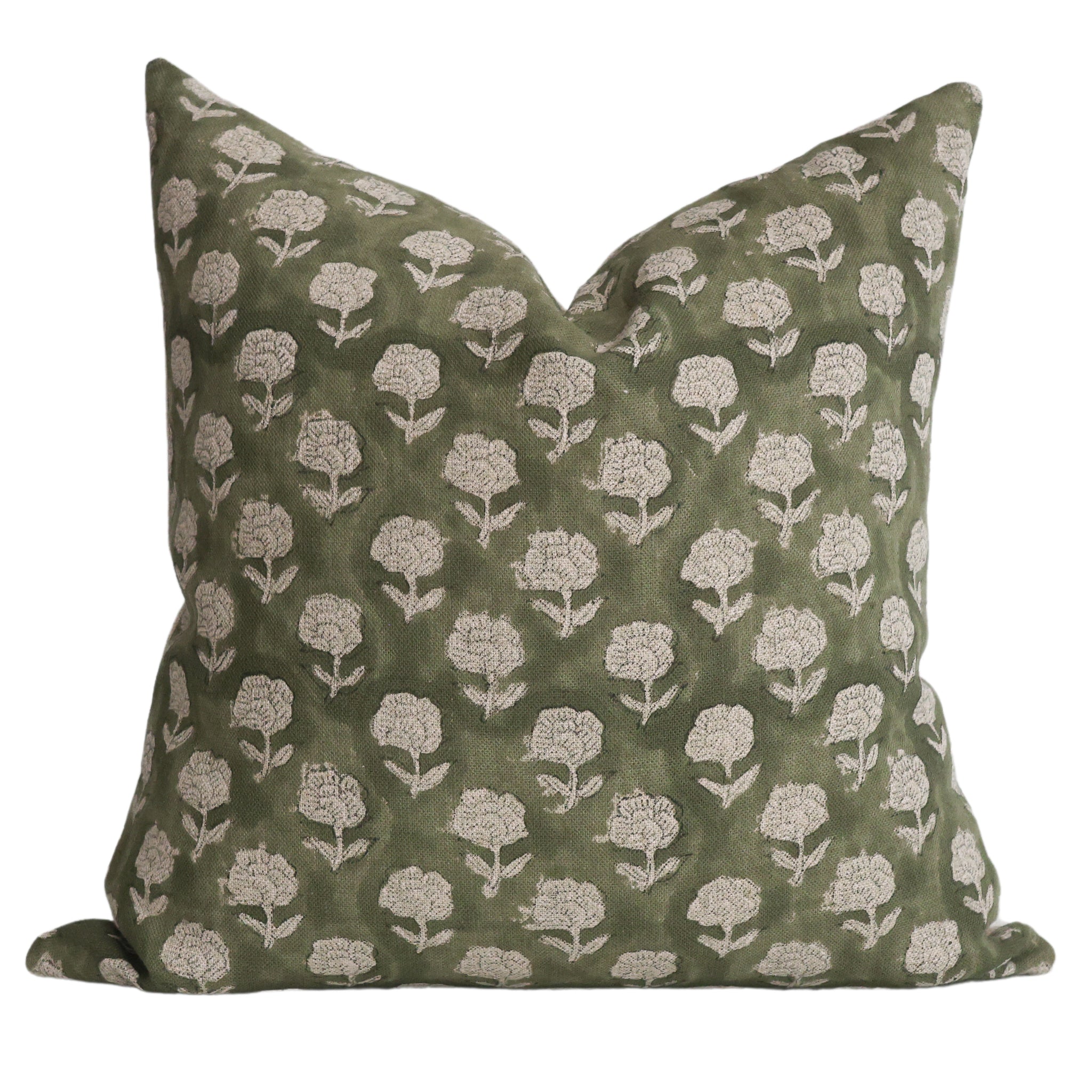 Antique Green Floral Block Print Pillow Cover