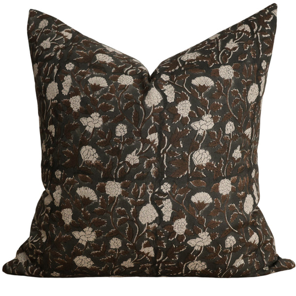 Dark Floral Block Print Pillow Cover